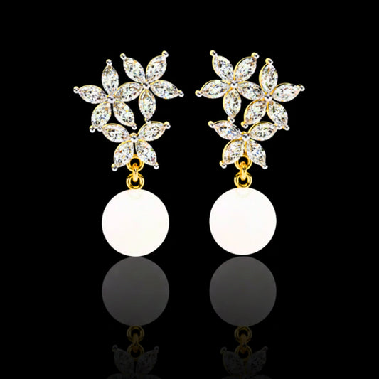 2.39 TCW Marquise Floral Cluster Moissanite Diamond Drop Earrings with Lustrous Pearl Accents