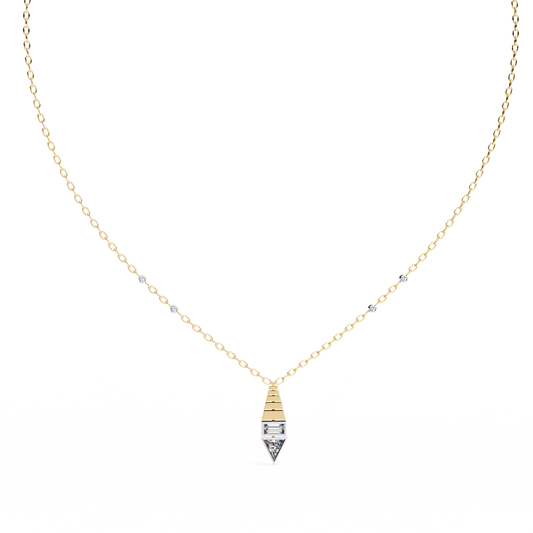 0.63 TCW Two Tone Moissanite Diamond Pendant Highlighting Triangle, Baguette and Round Diamond Cuts in a Sculpted Drop Design