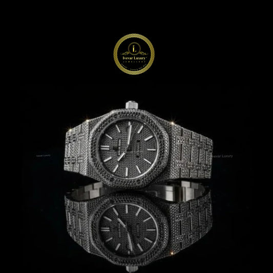 Full Iced Out Black Diamond Watch with Pavé Dial & Black Diamond Bezel