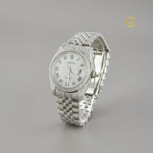 Full Iced Out White Gold Diamond Calendar Watch with Pave Dial & Roman Numerals - View 2