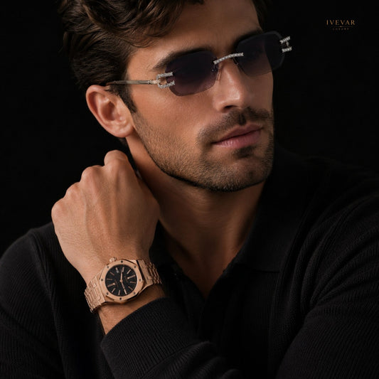 Luxury Rose Gold Watch And Designer Crystal Sunglasses Men's Collection By Ivevar