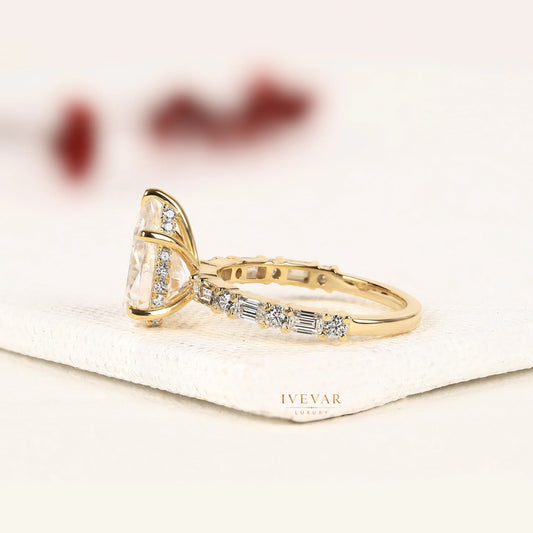 Pear Cut Lab Diamond Engagement Ring with Baguette Accent Band