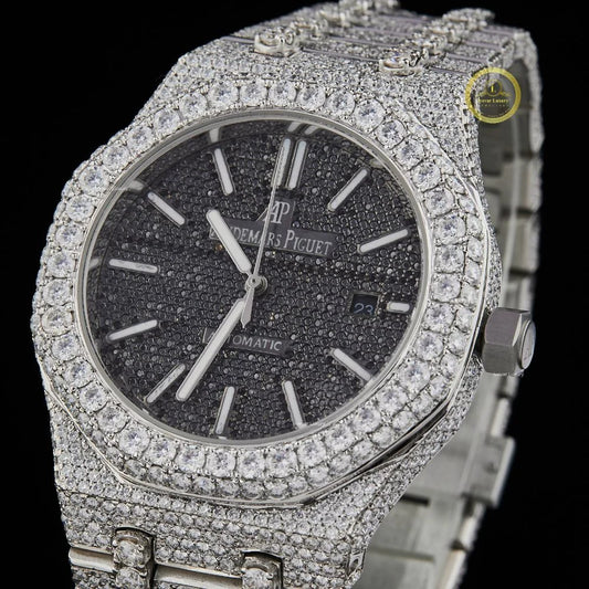 Full Iced Out Round Cut Diamond Octagonal Black Pavé Dial Watch with Double Row Diamond Bezel