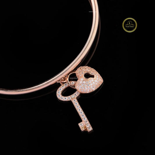 Heart Lock & Key Moissanite Diamond Open Cuff Bangle