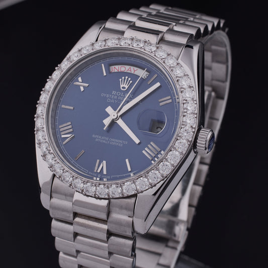 Round Cut Diamond Bezel Blue Day-Date Dial Watch with President Link Bracelet