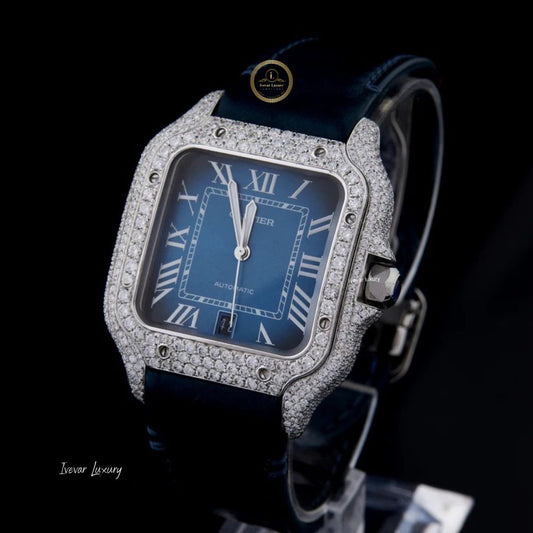Blue Dial Diamond Square Watch with Diamond Bezel & Blue Leather Strap