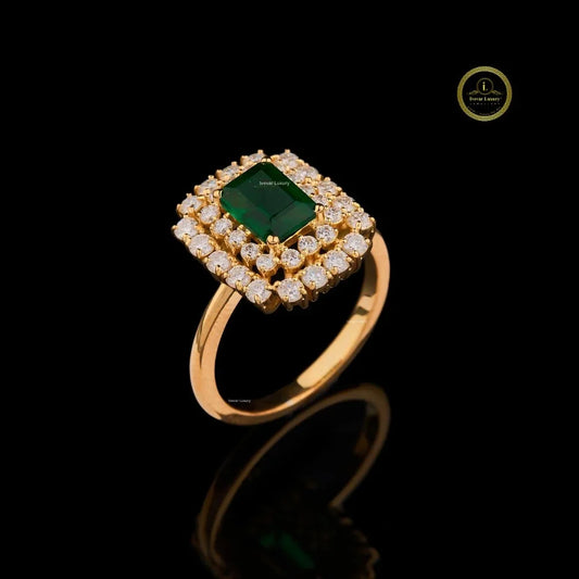 Emerald Cut Green Moissanite Diamond Double Halo Ring