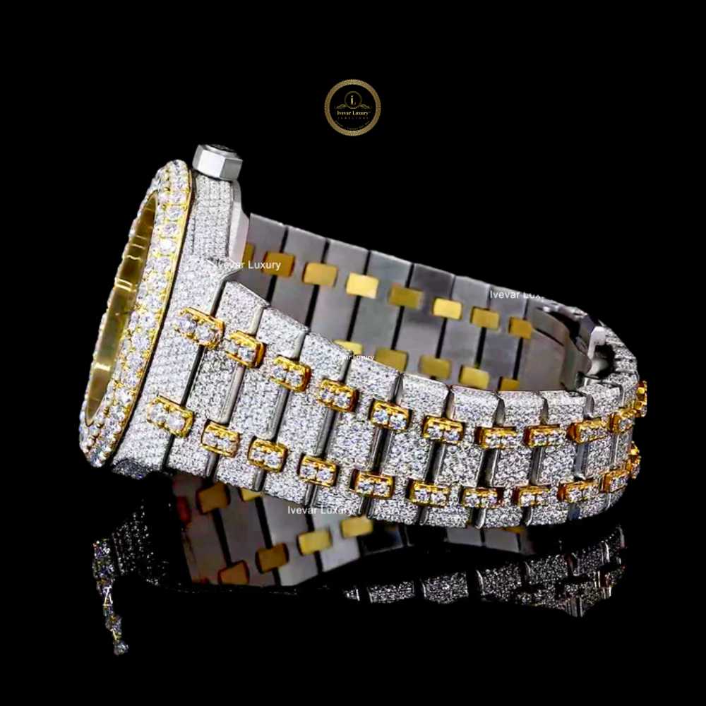 Full Iced Out Diamond Watch with Yellow Gold Accents & Pavé Diamond Bracelet - View 3