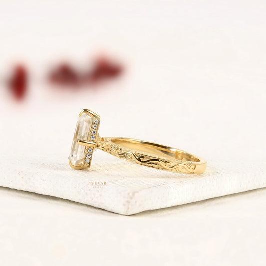 Emerald Cut Moissanite Diamond Ring with Engraved Band