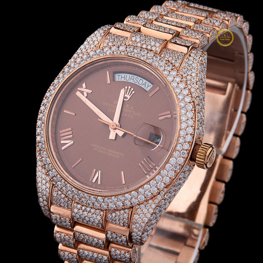 Full Iced Out Diamond Day-Date Watch with Chocolate Brown Dial & Rose Finish