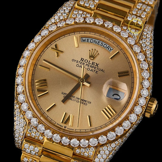 Yellow Gold Calendar Watch with Champagne Roman Dial Diamond Bezel & Executive Bracelet