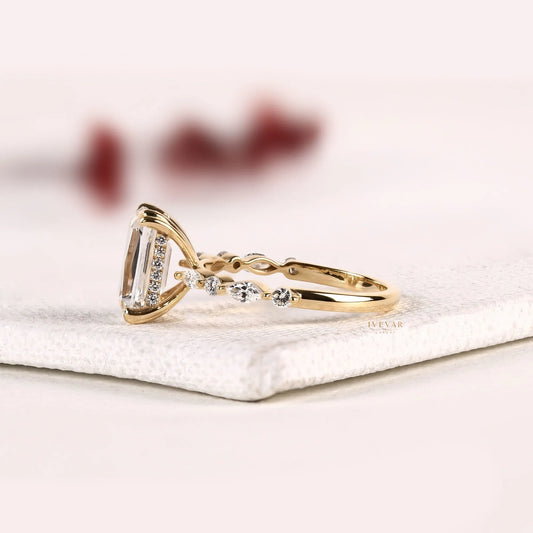 Emerald Cut Pear & Round Accent Moissanite Diamond Engagement Ring
