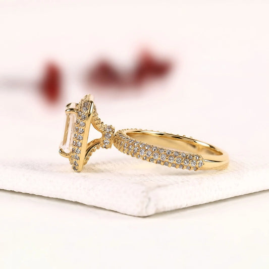 Double Halo with Hidden Emerald Cut Moissanite Diamond Engagement Ring