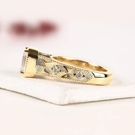 Vintage Asscher Cut Milgrain Engraved Lab Diamond Ring