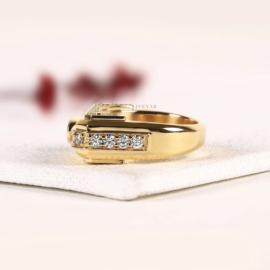 East-West Baguette Cut Lab Diamond Gold Signet Ring