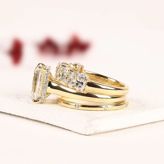Emerald Cut Moissanite Diamond Alternating Marquise & Cushion Bridal Ring Set