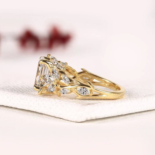 Emerald Cut Nature Inspired Moissanite Diamond Engagement Ring