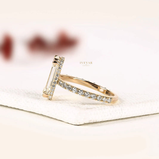 Emerald Portrait Cut Hidden Halo Moissanite Diamond Pave Ring