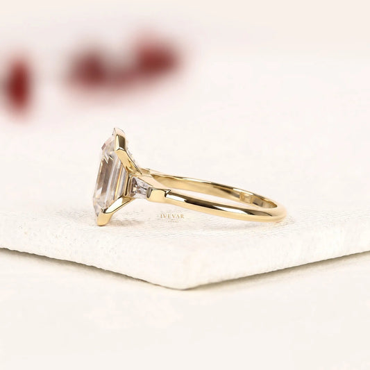 Emerald Cut Moissanite Half Bezel Set Three Stone Engagement Ring