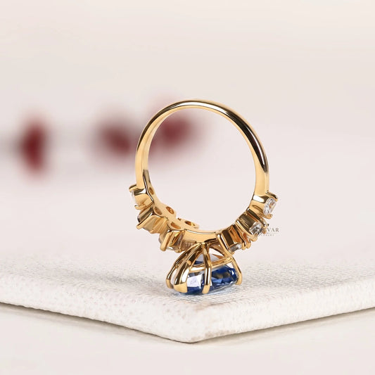 Sapphire Teardrop Lab Diamond Cluster Engagement Ring