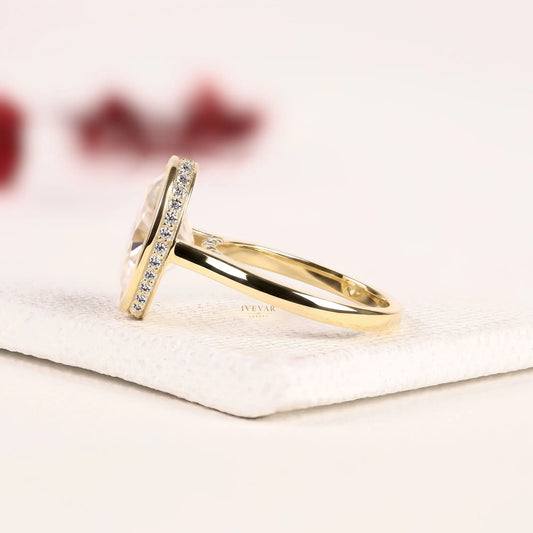 Bezel Set Hidden Halo Oval Moissanite Diamond Engagement Ring