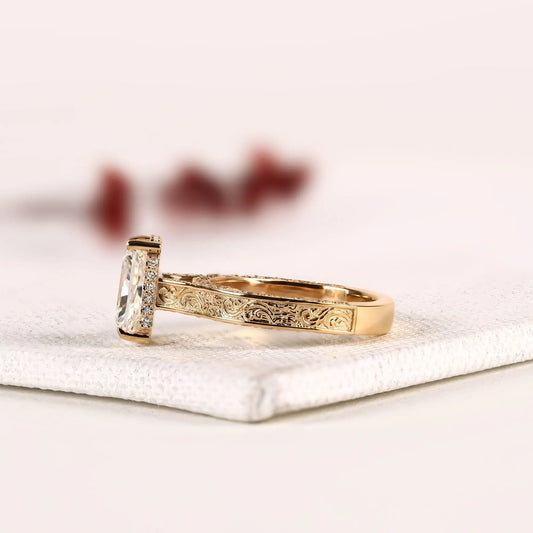 Art Deco Milgrain Radiant Cut Hidden Halo Moissanite Diamond Ring