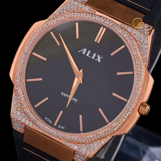 Rose Gold Diamond Bezel Black Strap Luxury Watch
