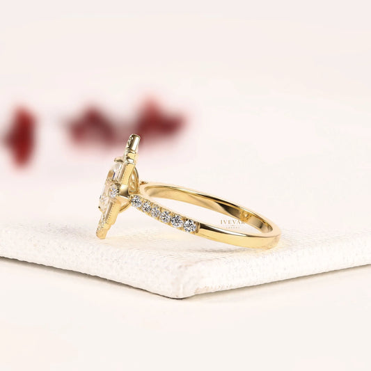 Emerald Cut Halo Baguette Moissanite Diamond Engagement Ring