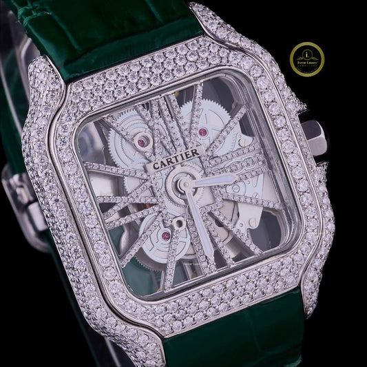 Round Cut Diamond Skeleton Square Automatic Watch with Green Leather Strap