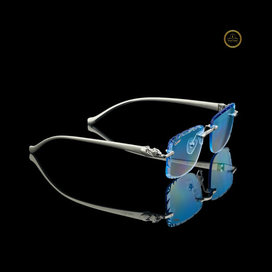 Modern Black Rimless Sunglasses with Faceted Blue Smoke Gradient Lenses