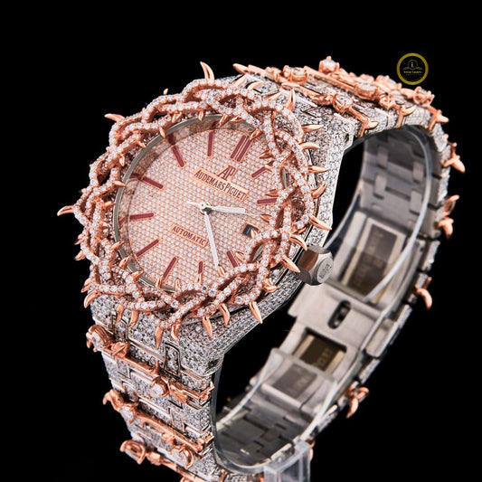 Full Iced Out Diamond Floral Thorn Watch with Rose Gold Vine Bezel & Bracelet