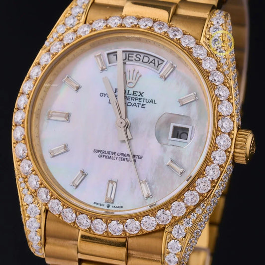 Round Diamond Bezel Automatic Day-Date Watch with Mother of Pearl Diamond Dial