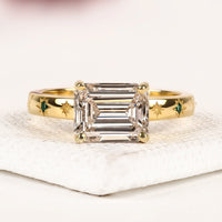 Emerald Cut Lab Diamond Engagement Ring With Celestial Star Engraved Band