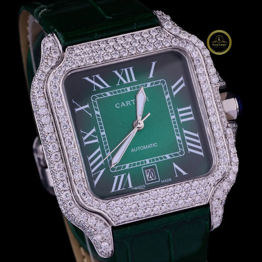Round Cut Diamond Square Automatic Watch with Green Roman Numeral Dial and Leather Strap