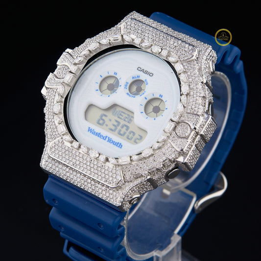 Iced Out Diamond Digital Watch with Blue Resin Strap for Men