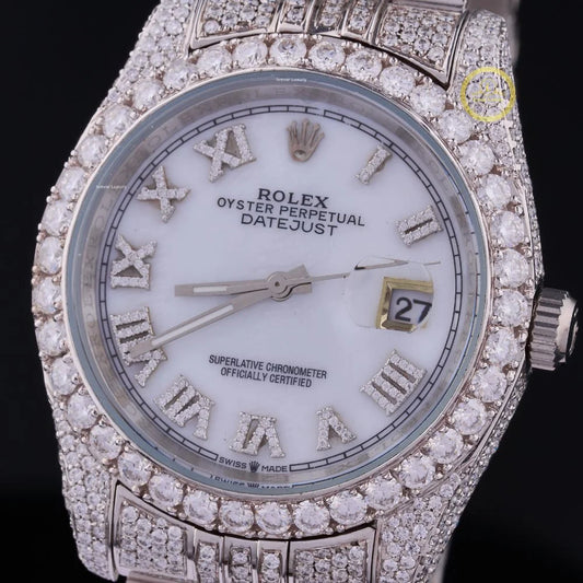 Full Iced Out Round Diamond Day-Date Watch with Diamond Roman Numeral Dial