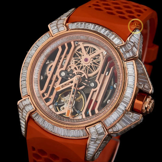 Baguette Diamond Skeleton Round Automatic Watch with Orange Rubber Strap