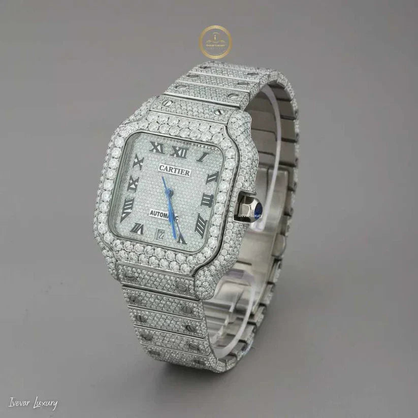 Full Iced Out White Gold Square Watch with Diamond Dial & Roman Numerals - View 2