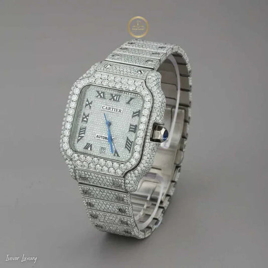 Full Iced Out White Gold Square Watch with Diamond Dial & Roman Numerals - View 2
