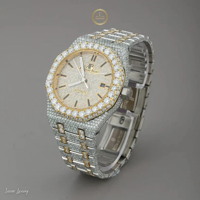 Full Iced Out Two-Tone Octagon Style Watch with Diamond Dial & Baton Markers - View 2
