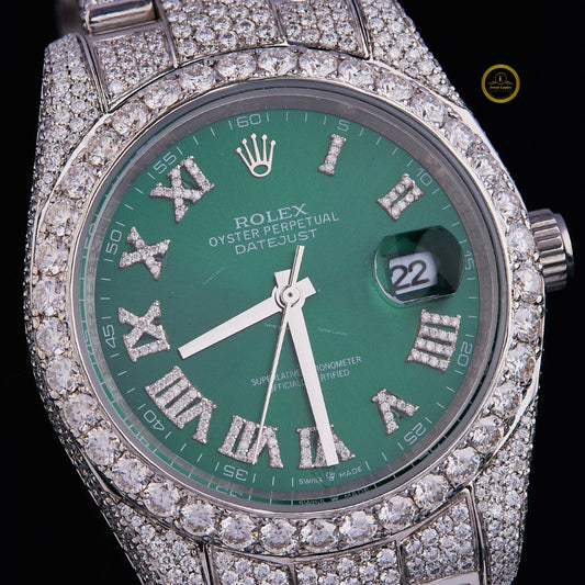 Full Iced Out Diamond Day-Date Watch with Emerald Green Roman Dial