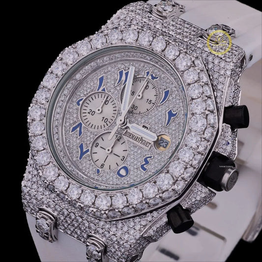 Round Cut Diamond Chronograph Watch with Blue Arabic Numeral Dial & White Rubber Strap
