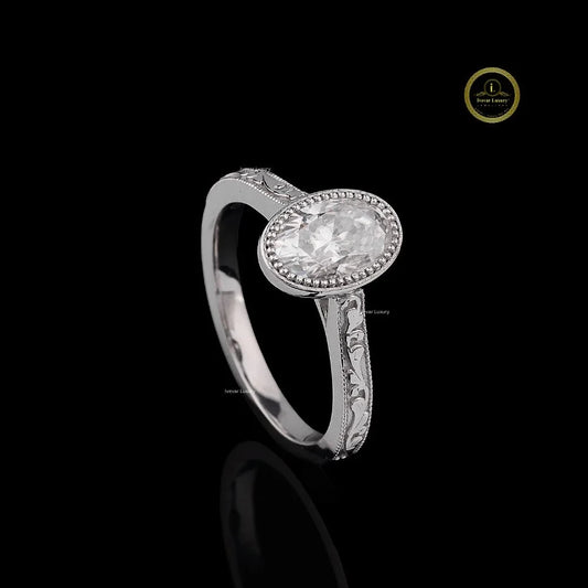 Vintage Oval Cut Moissanite Diamond Milgrain Engagement Ring