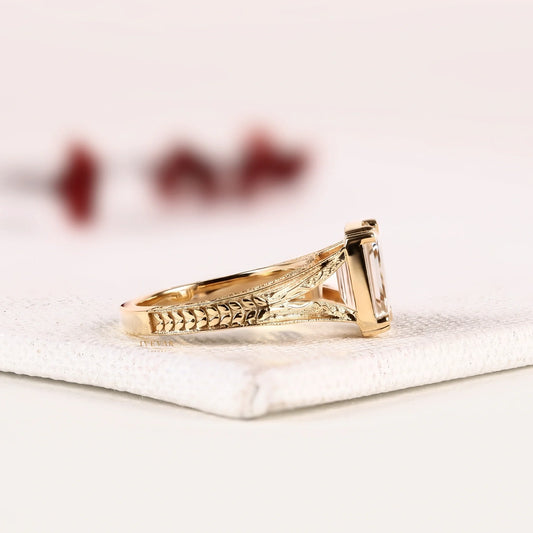 Emerald Cut Vintage Engraved Moissanite Diamond Ring