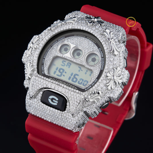 Diamond Paved Digital Sports Watch with Red Performance Strap