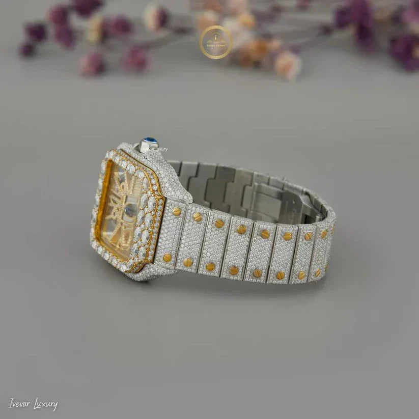 Full Iced Out Two-Tone Skeleton Square Style Watch with Diamond Band - View 3