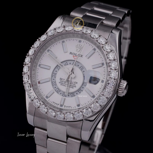 Round Cut Lab Diamond Bezel Sky-Dweller Style Watch with Oyster Bracelet