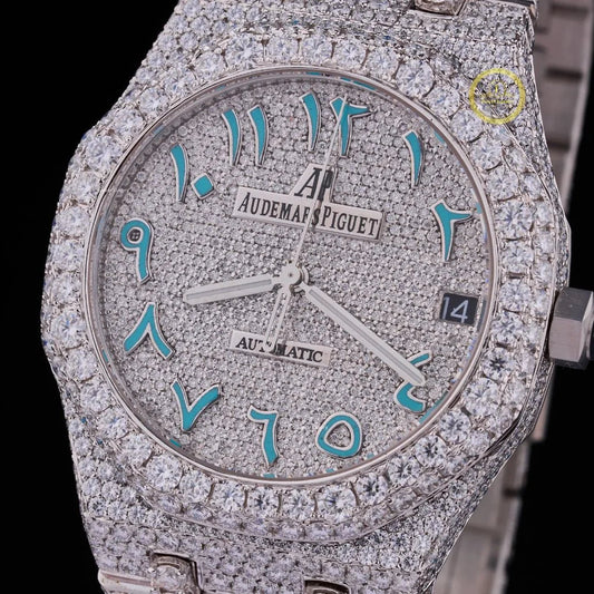 Full Iced Out Round Cut Diamond Octagonal Watch with Blue Arabic Numeral Pavé Dial