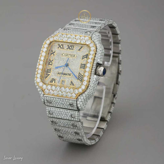 Full Iced Out Square Diamond Watch Black Roman Numerals & Two-Tone Band - View 2