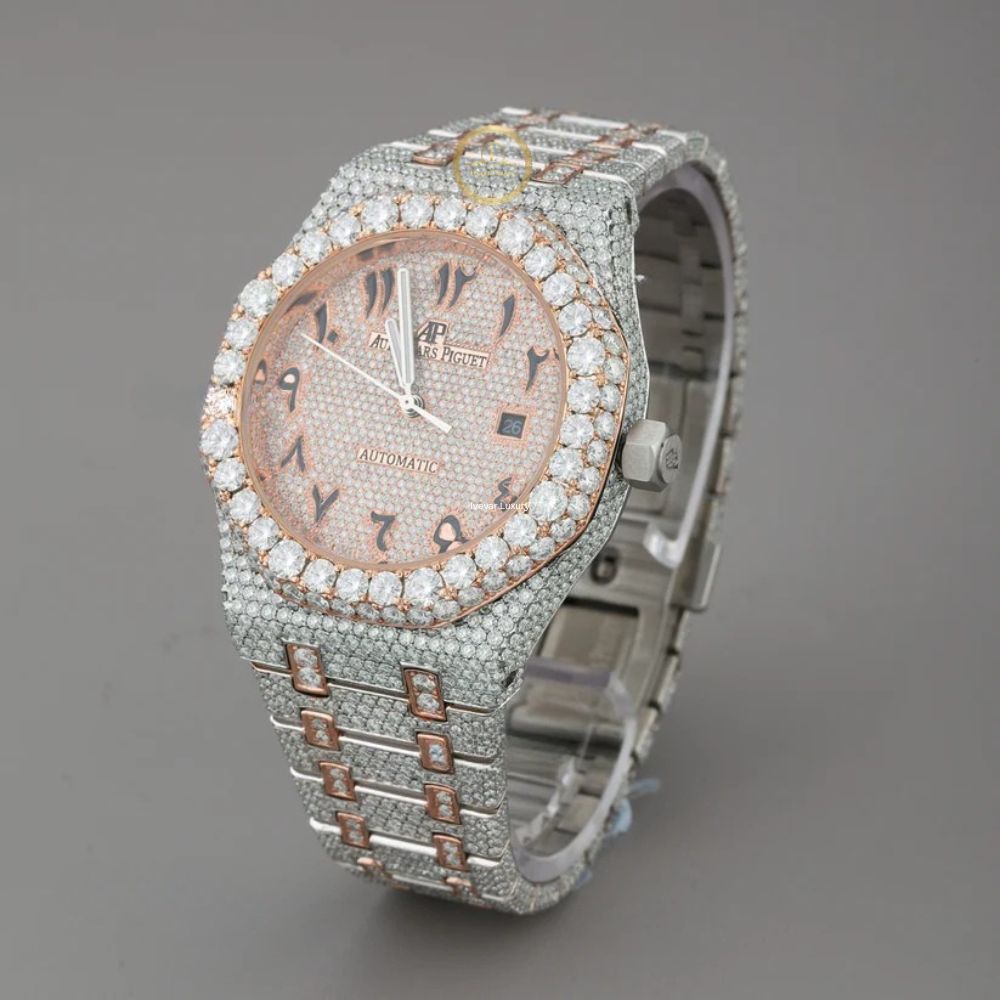 Full Iced Out Two-Tone Calendar Diamond Watch with Arabic Numeral Dial - View 2